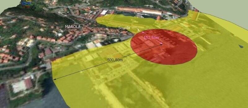 Le distanze tra l'area della demolizione, la scuola e il paese di Marola.