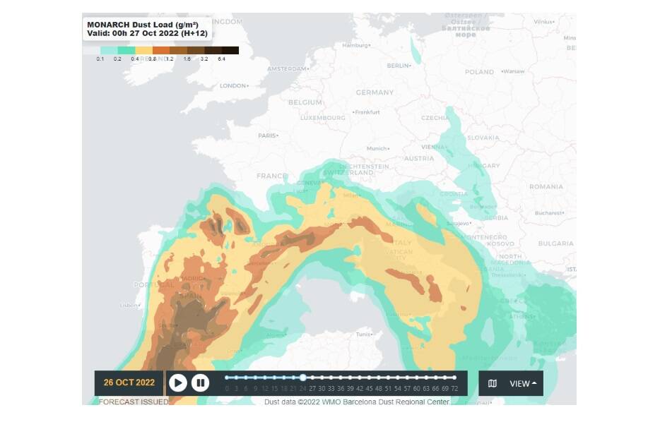 l'elaborazione del Barcelona Dust Regional Center per la giornata del 27 ottobre