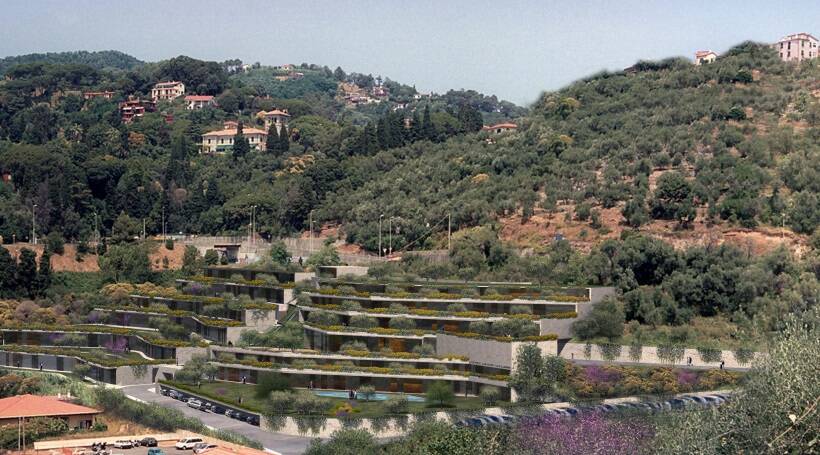 Albergo alla Vallata, Lerici. Progetto unitario operativo, rendering dall'inquadramento dell'intervento