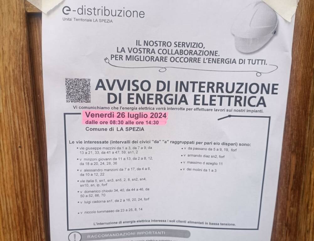 Avviso di interruzione della corrente causa lavori Enel