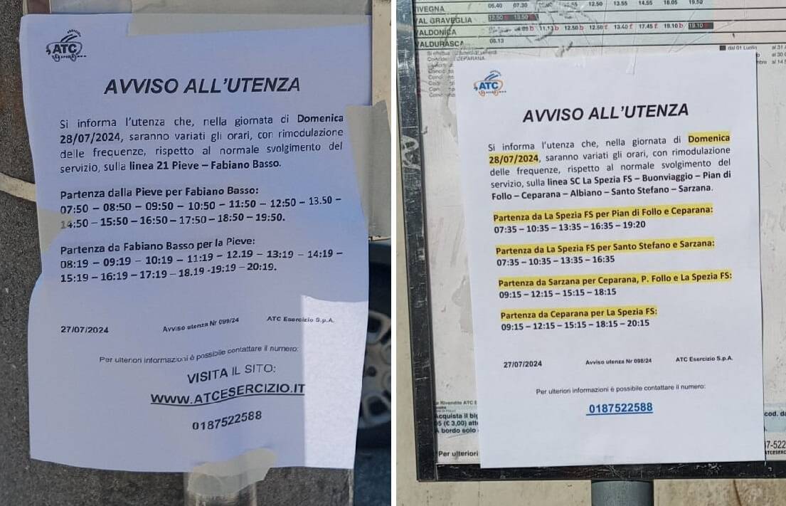 L'orario che sarà osservato sulle linee 21 e SC di Atc esercizio domenica 28 luglio