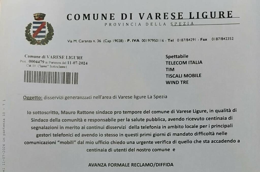 La nota formale di reclamo inviata dal Comune di Varese Ligure alle compagnie telefoniche