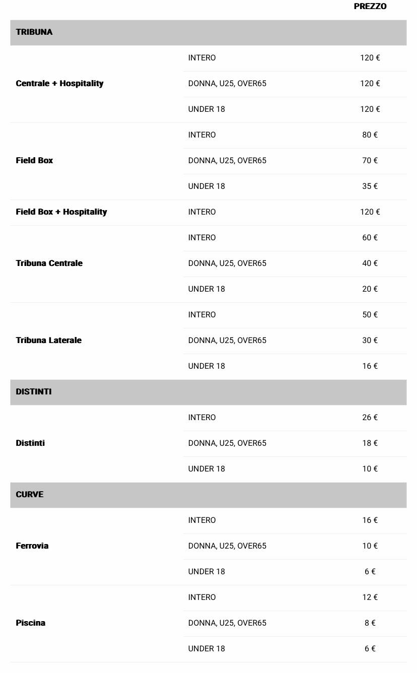 Prezzi singole partite 2024-25