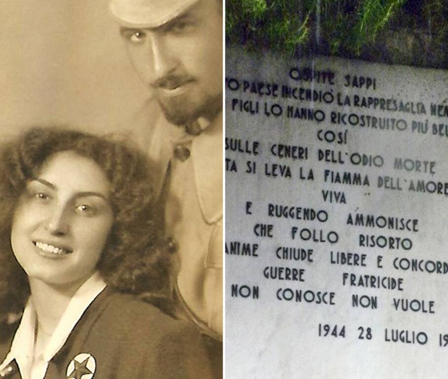 Eugenio Lenzi "Primula Rossa" e Rina Trovatelli (archivio famiglia Lenzi)/ Follo Alto, targa in memoria del rastrellamento di Follo Alto (foto Giorgio Pagano)