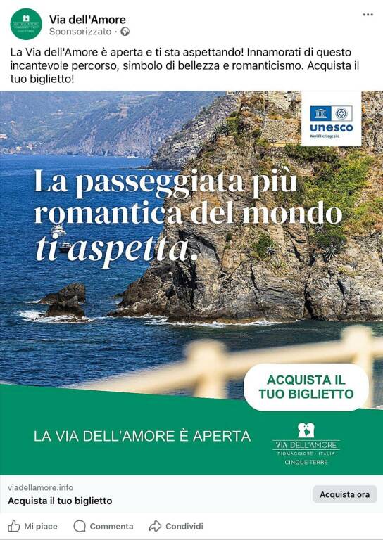 Il post promozionale della Via dell'Amore contestato da Vittorio Alessandro